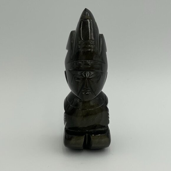 Vintage Aztec Idol Figurine Gold Obsidian Carved Mayan Sculpture 6" Tall